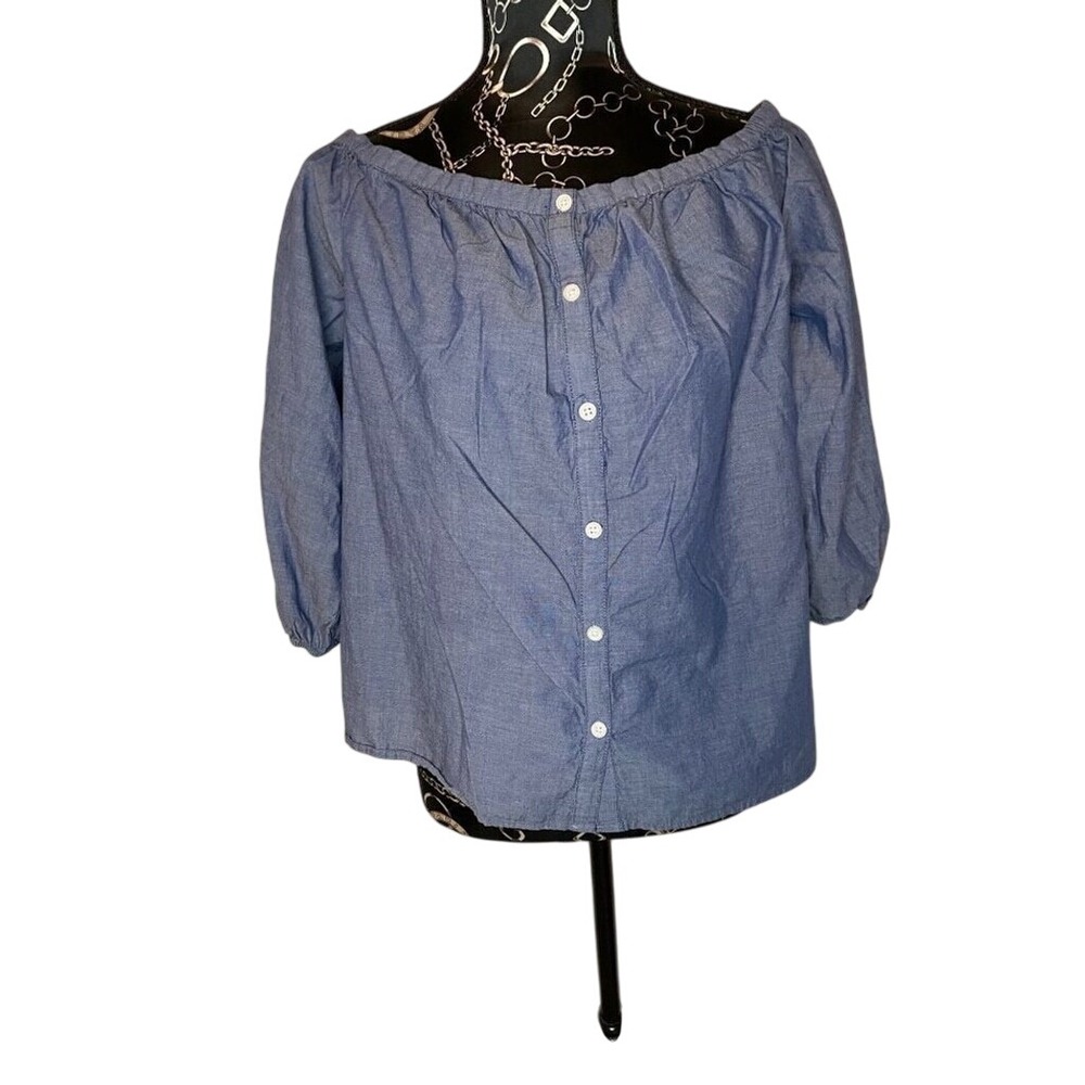 MERONA Off Shoulder Chambray Button Front 3/4 Sleeve Blouse Top Women‎ Medium